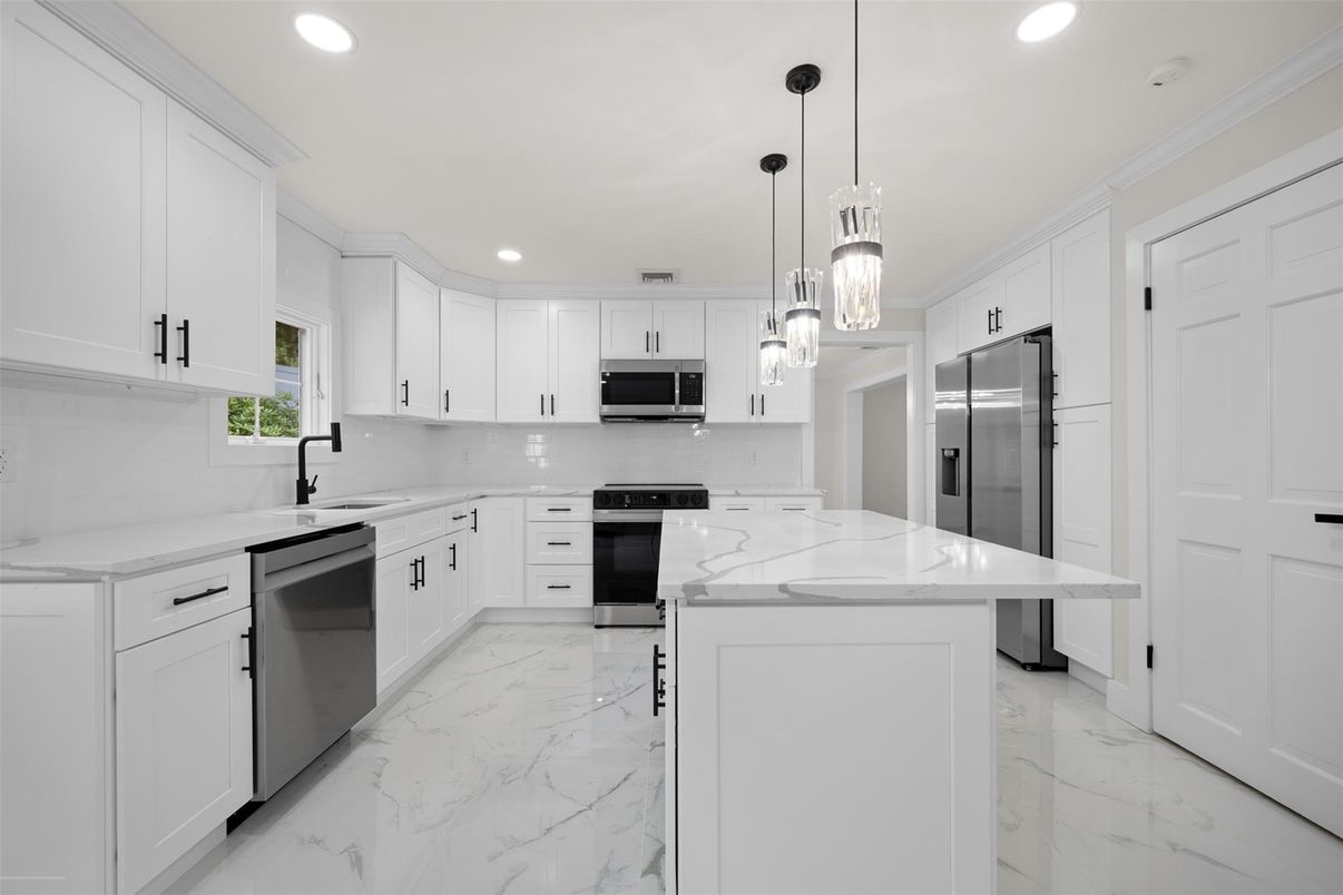 Interior, Kitchen, Marble, Pendant Lights, Recessed Lighting, Stainless Steel Appliances