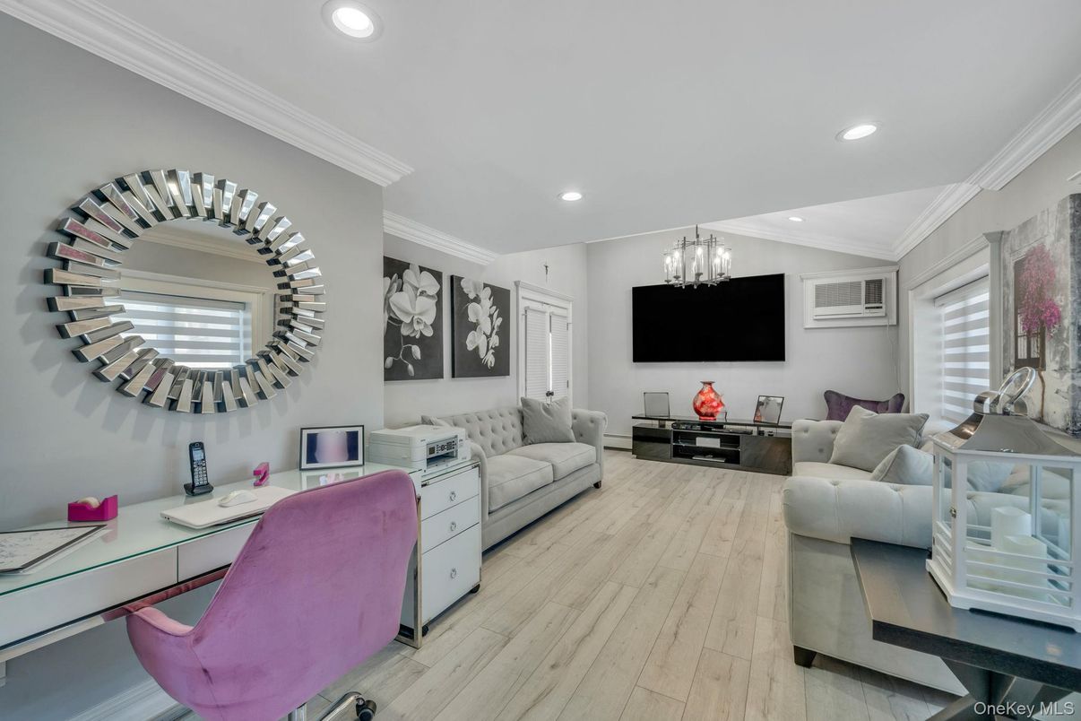 Chandelier, Home Office, Interior, Living room, Recessed Lighting, Wood Texture Flooring