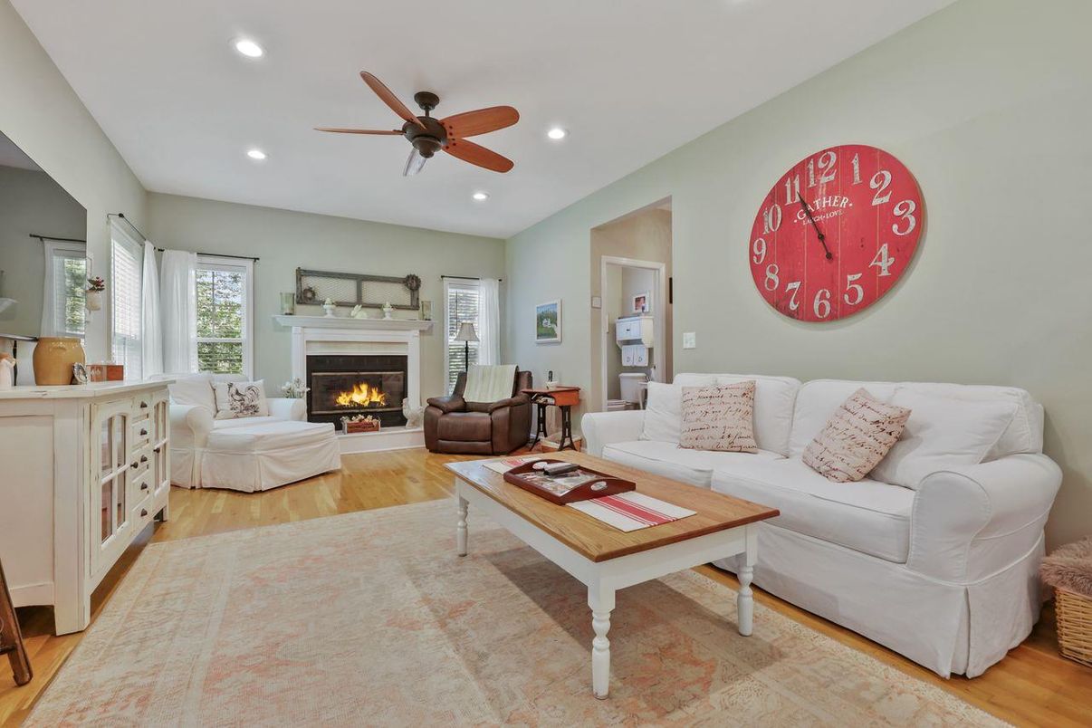 Fireplace, Interior, Living room, Recessed Lighting, Wood Texture Flooring