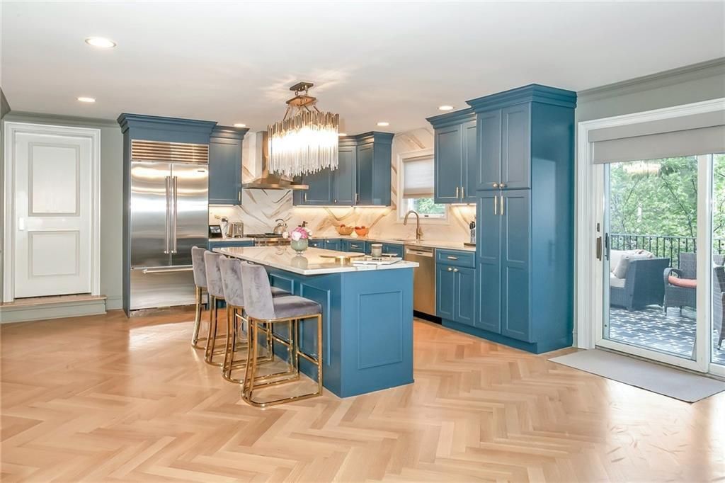 Chandelier, Interior, Kitchen, Recessed Lighting, Stainless Steel Appliances, Wood Texture Flooring