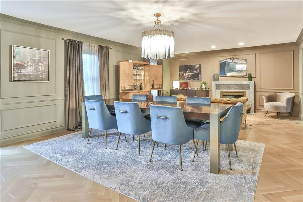 Chandelier, Dining room, Fireplace, Interior, Living room, Recessed Lighting, Wood Texture Flooring