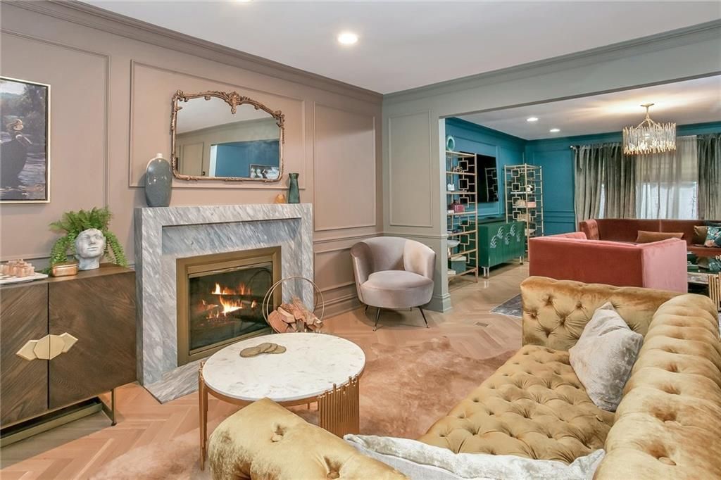 Chandelier, Fireplace, Game Room, Interior, Living room, Recessed Lighting, Wood Texture Flooring