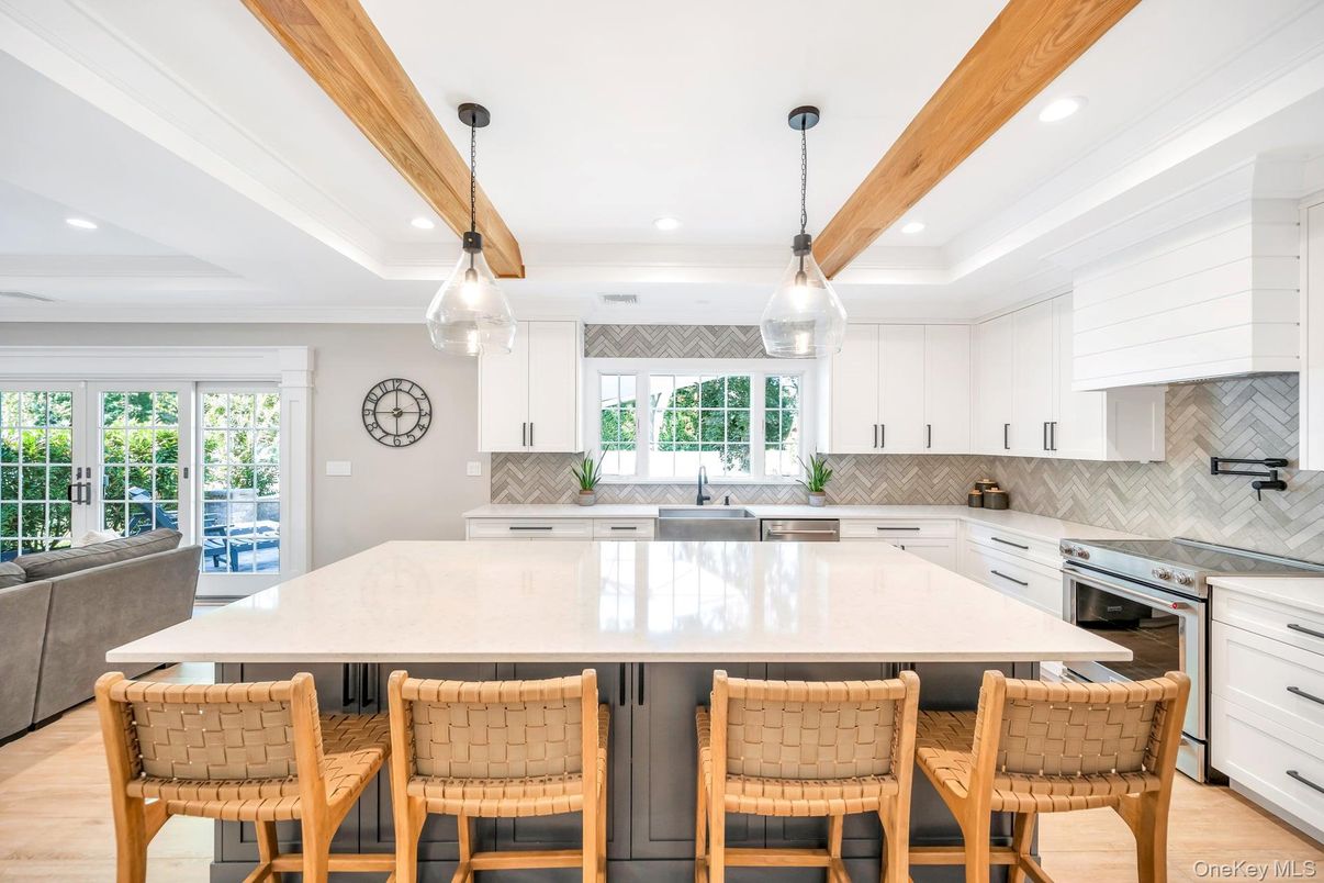 Interior, Kitchen, Pendant Lights, Recessed Lighting, Stainless Steel Appliances, Wooden Beams, Wood Texture Flooring