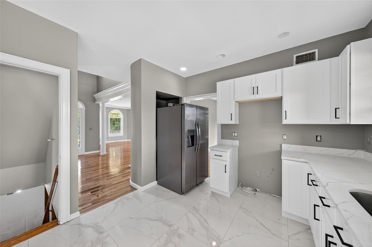 Interior, Kitchen, Marble, Recessed Lighting, Wood Texture Flooring