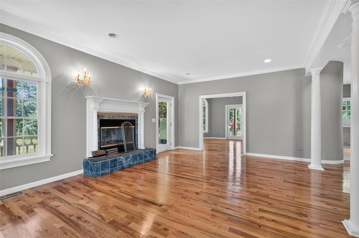 Empty room, Fireplace, Interior, Recessed Lighting, Wood Texture Flooring