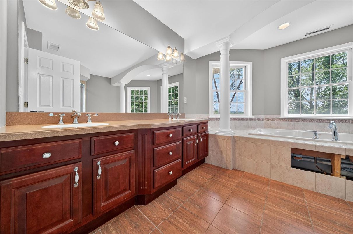 Bathroom, Dual Sink Vanities, Interior, Recessed Lighting, Wood Texture Flooring