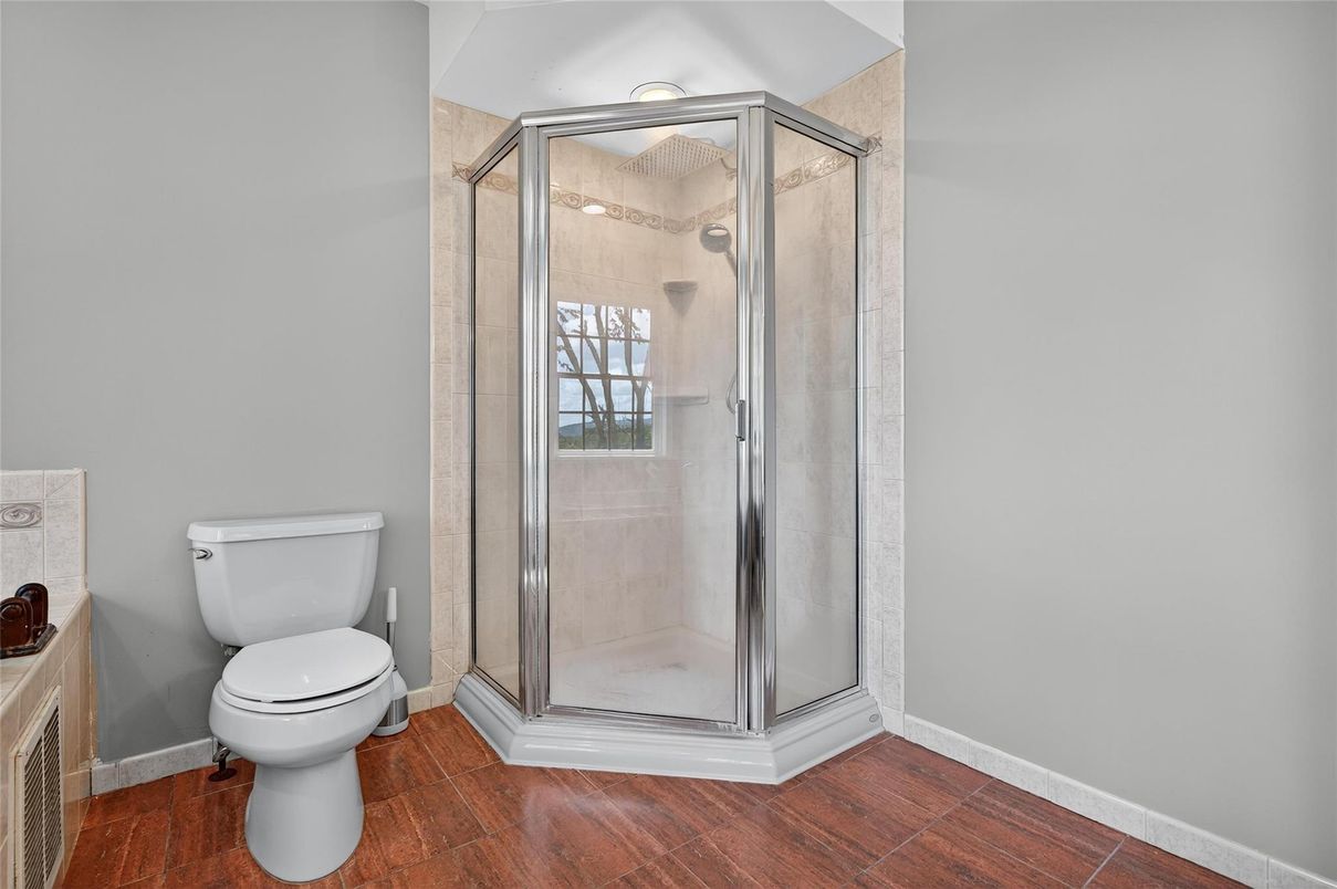 Bathroom, Glass Shower, Interior, Wood Texture Flooring