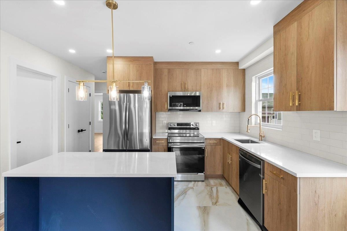 Interior, Kitchen, Marble, Pendant Lights, Recessed Lighting, Stainless Steel Appliances