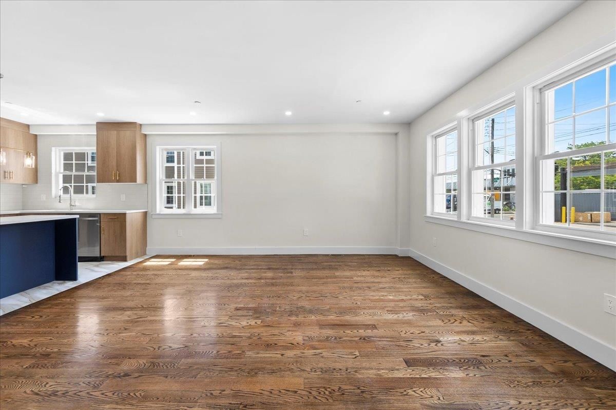 Empty room, Interior, Kitchen, Pendant Lights, Recessed Lighting, Wood Texture Flooring
