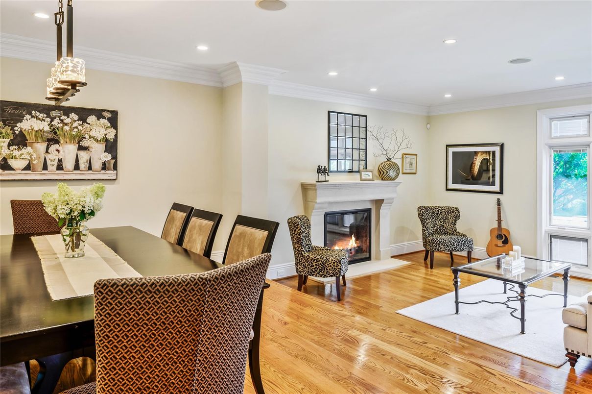 Dining room, Fireplace, Interior, Living room, Pendant Lights, Recessed Lighting, Wood Texture Flooring