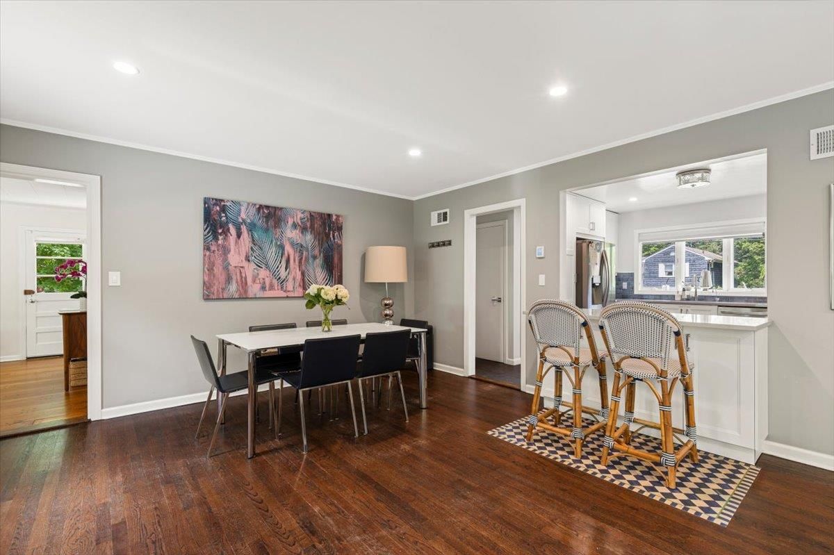 Dining room, Interior, Recessed Lighting, Wood Texture Flooring