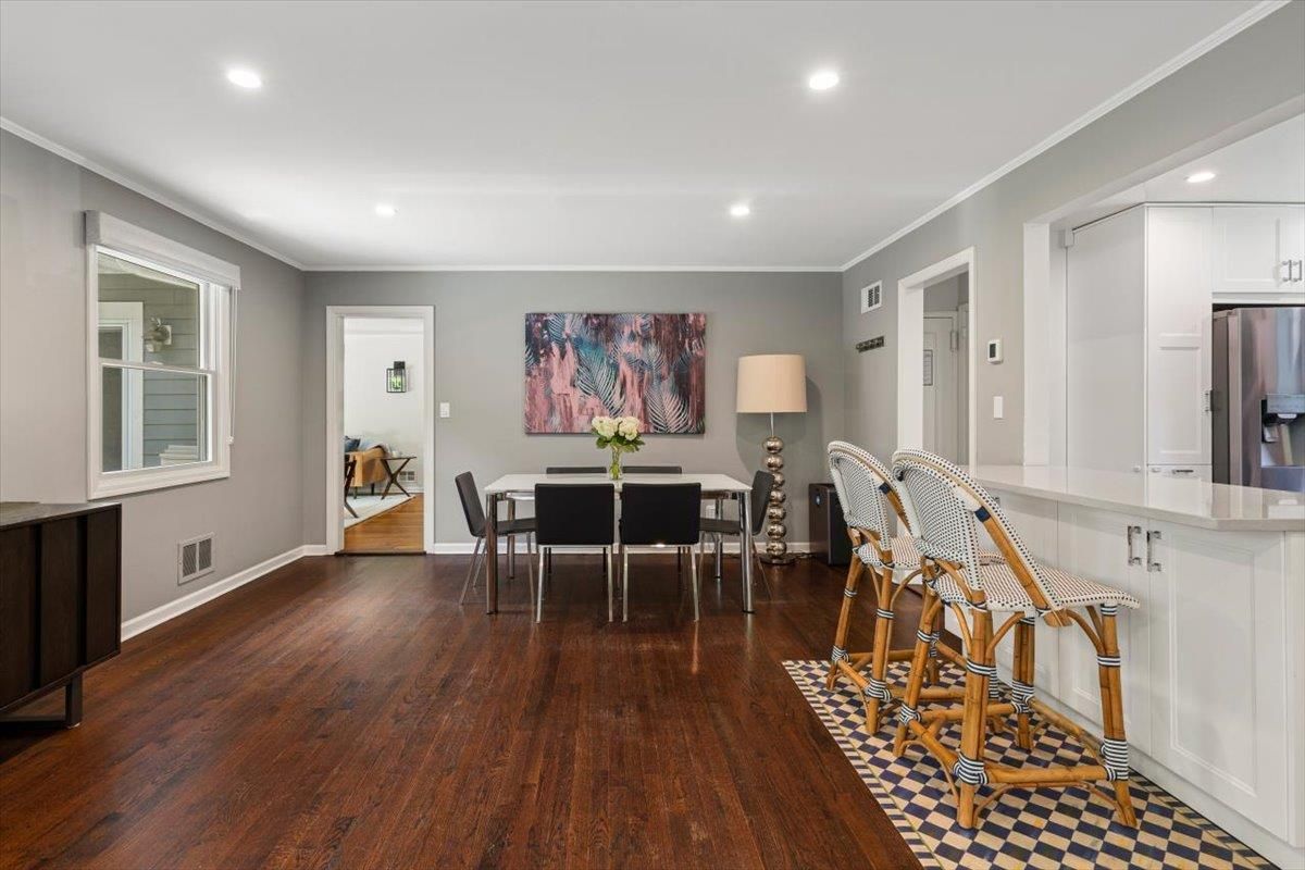 Dining room, Interior, Kitchen, Recessed Lighting, Stainless Steel Appliances, Wood Texture Flooring