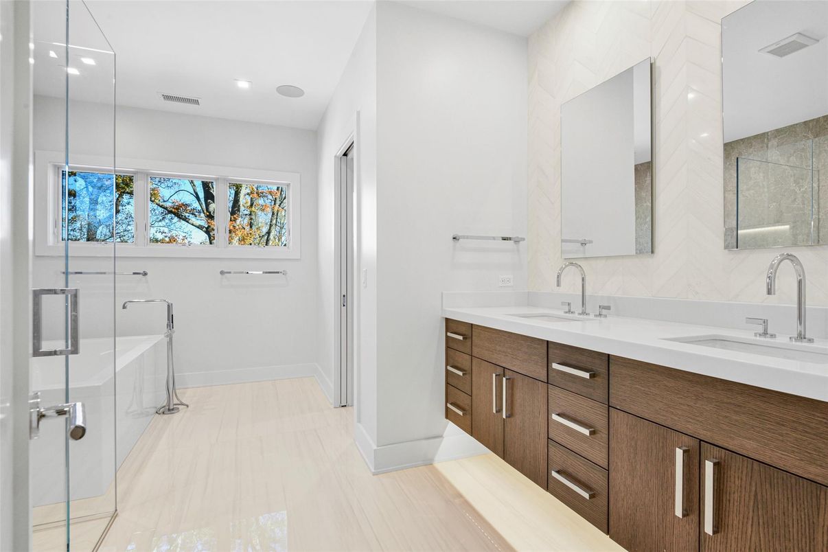 Bathroom, Dual Sink Vanities, Glass Shower, Interior, Recessed Lighting