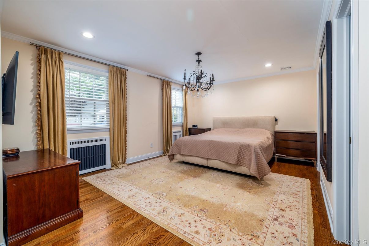 Bedroom, Chandelier, Interior, Recessed Lighting, Wood Texture Flooring