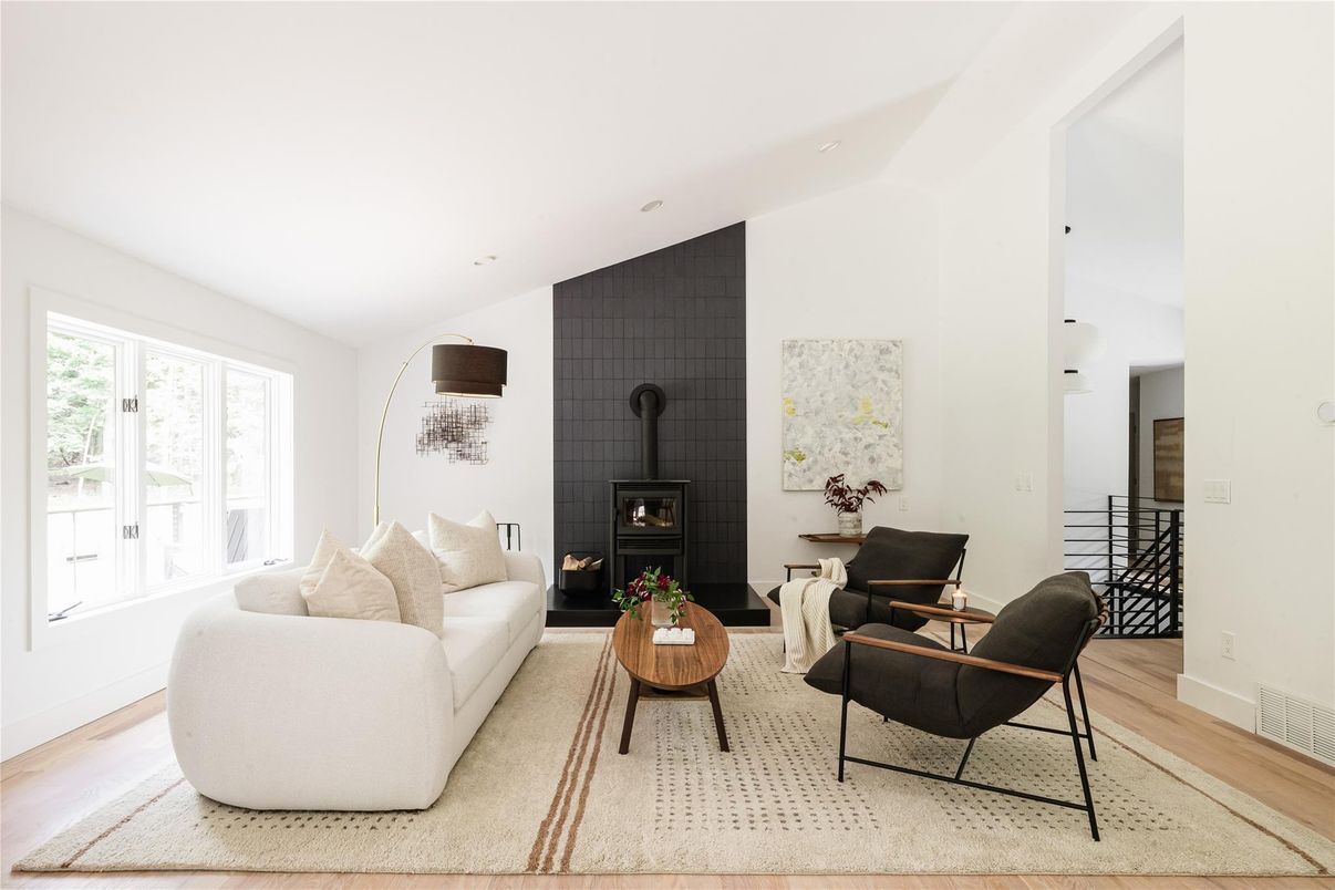 Fireplace, Interior, Living room, Recessed Lighting, Wood Texture Flooring