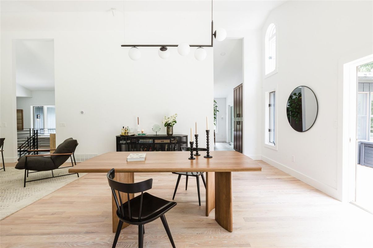 Dining room, Interior, Pendant Lights, Wood Texture Flooring
