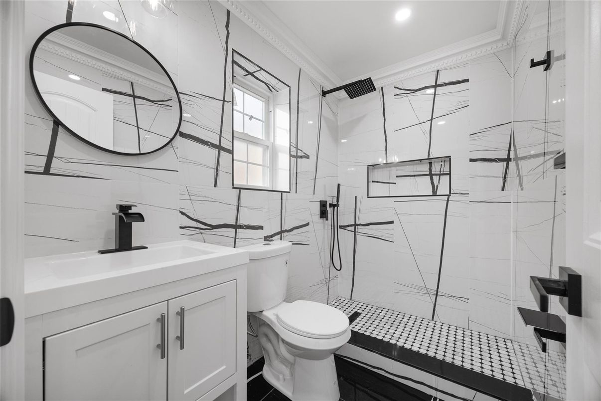 Bathroom, Glass Shower, Interior, Marble Walls, Recessed Lighting
