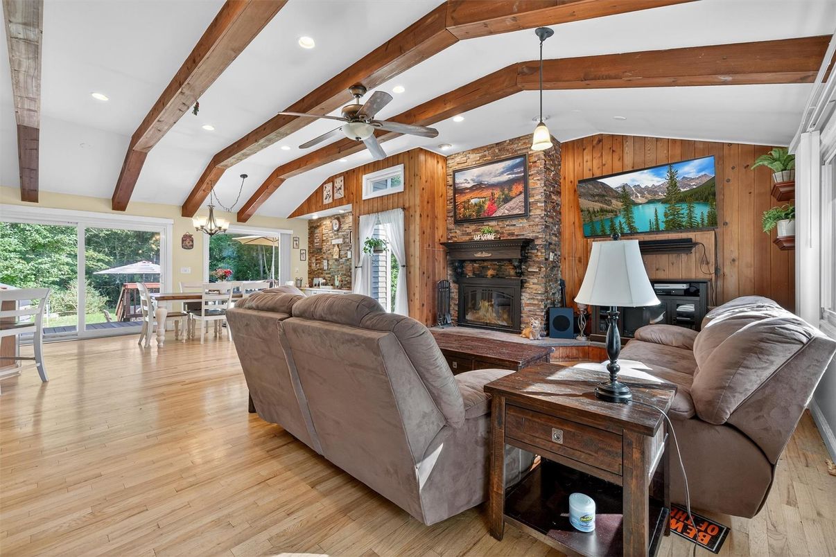 Dining room, Fireplace, Interior, Living room, Pendant Lights, Recessed Lighting, Wooden Beams, Wood Texture Flooring, Wooden Walls