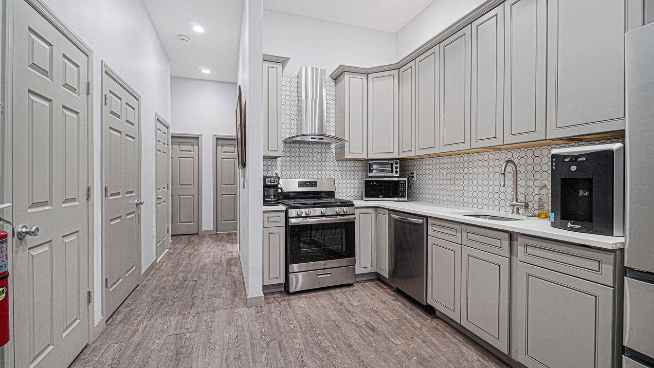 Interior, Kitchen, Recessed Lighting, Stainless Steel Appliances, Wood Texture Flooring