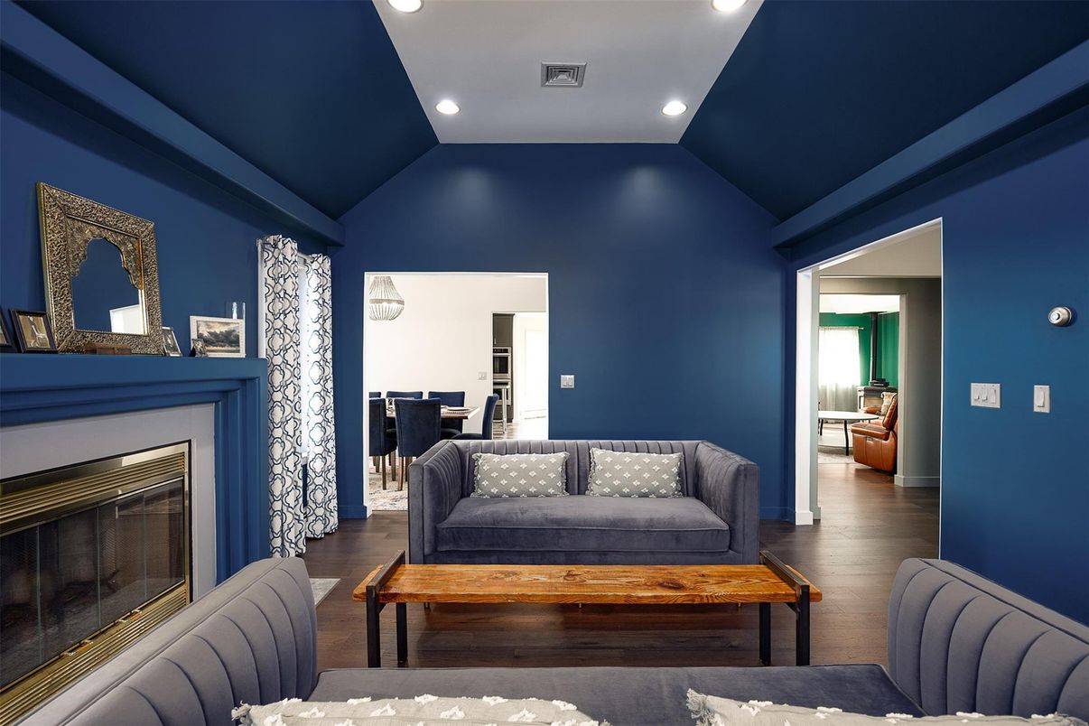 Fireplace, Interior, Living room, Recessed Lighting, Wood Texture Flooring