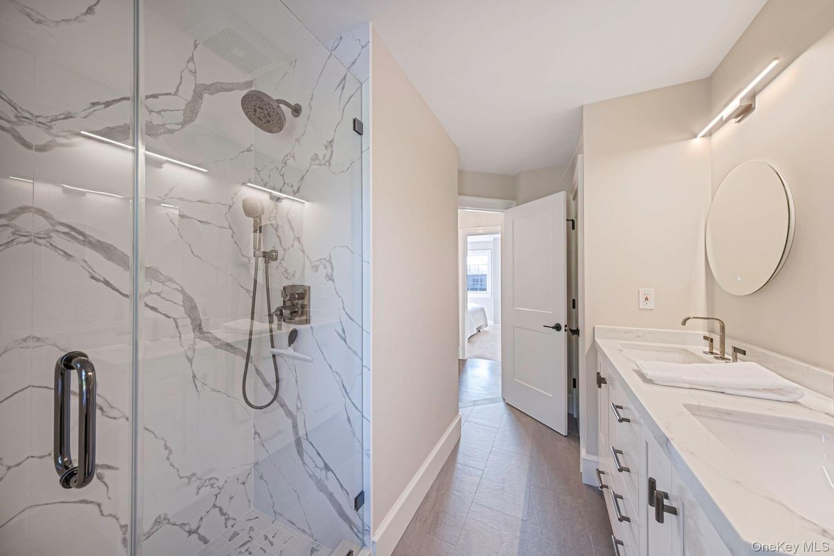Bathroom, Dual Sink Vanities, Glass Shower, Interior, Marble Walls
