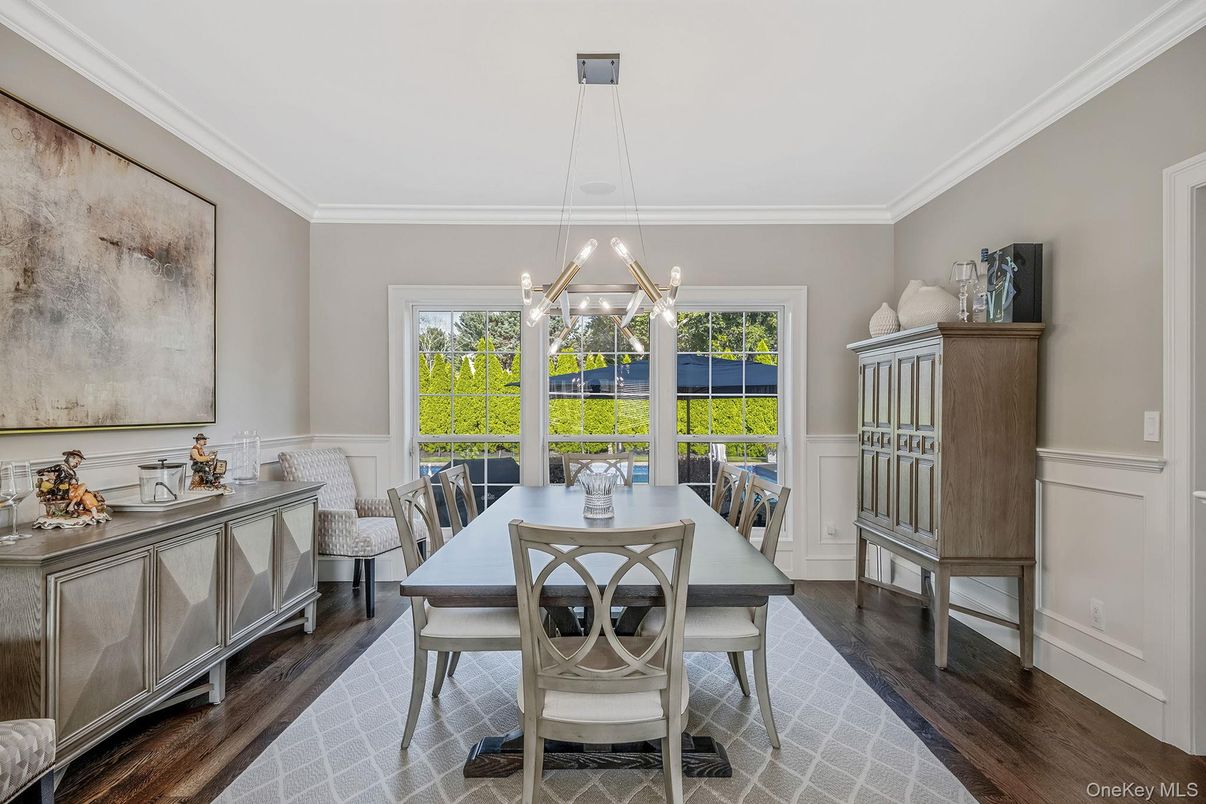 Dining room, Interior, Pendant Lights, Wood Texture Flooring