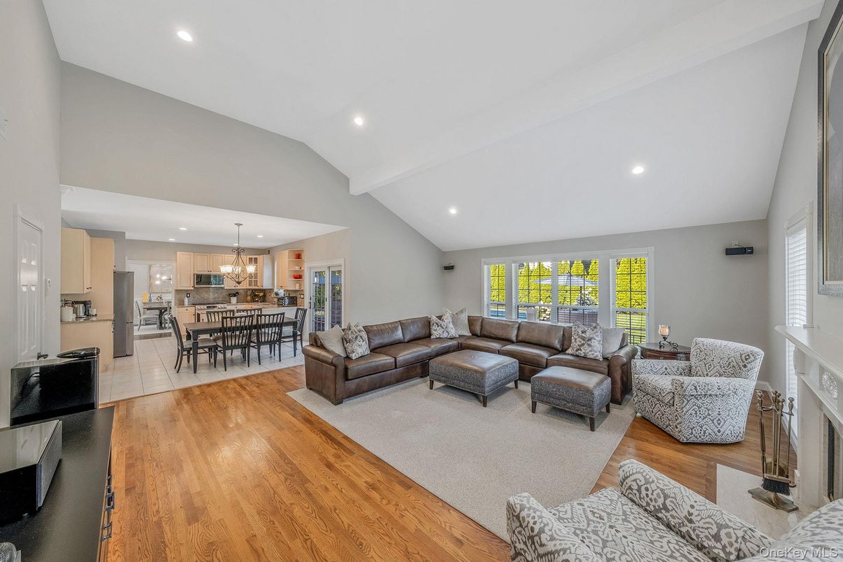 Dining room, Fireplace, Interior, Kitchen, Living room, Pendant Lights, Recessed Lighting, Wood Texture Flooring