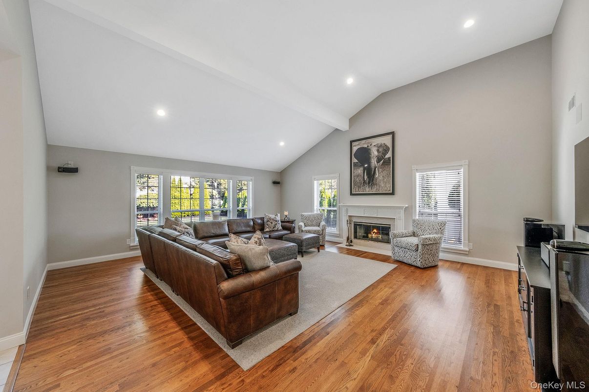 Fireplace, Interior, Living room, Recessed Lighting, Wood Texture Flooring