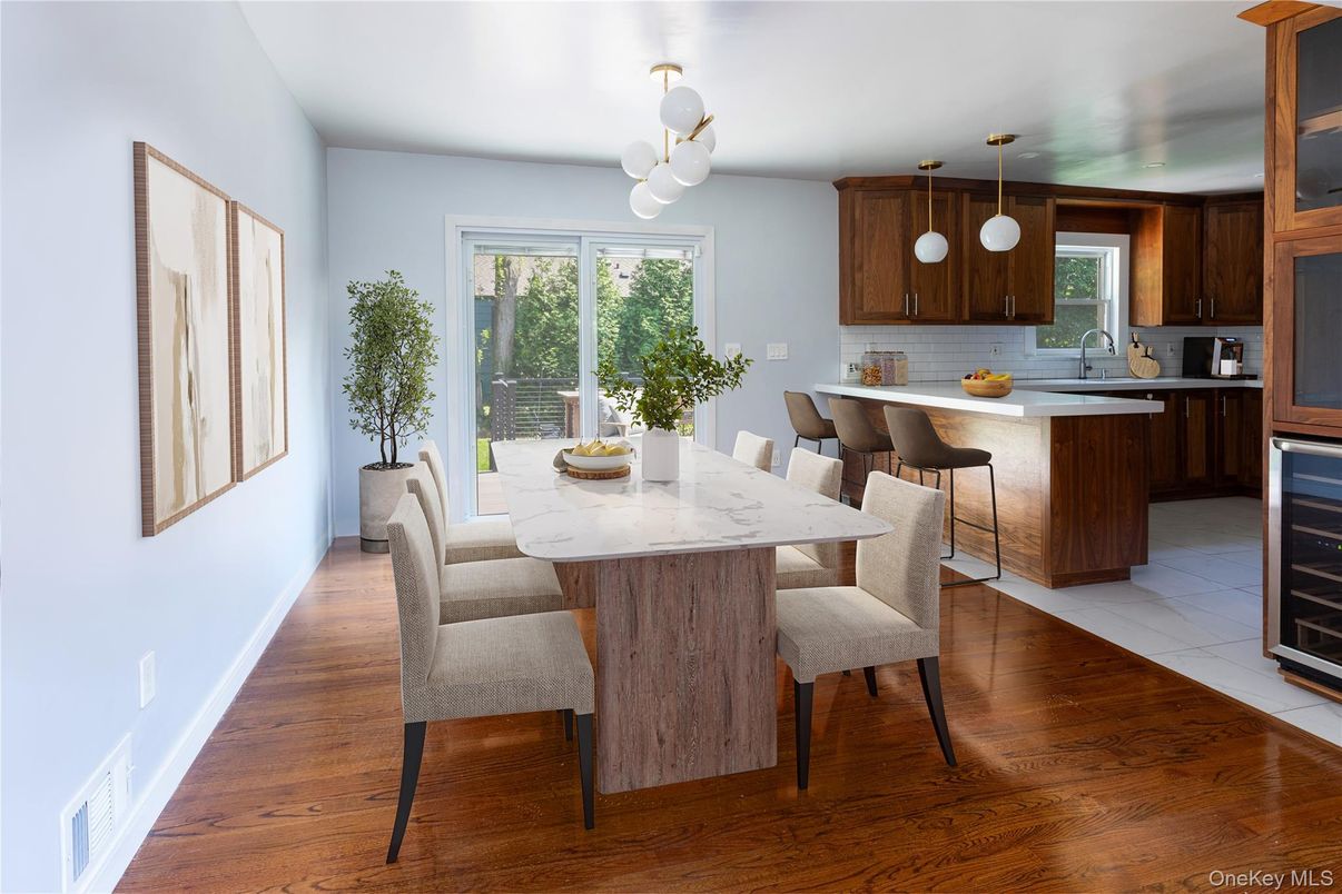 Dining room, Interior, Kitchen, Pendant Lights, Wood Texture Flooring