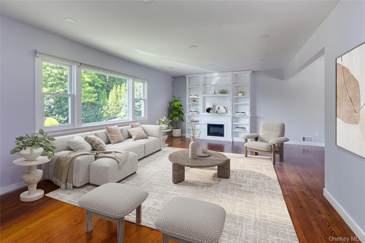 Fireplace, Interior, Living room, Recessed Lighting, Wood Texture Flooring