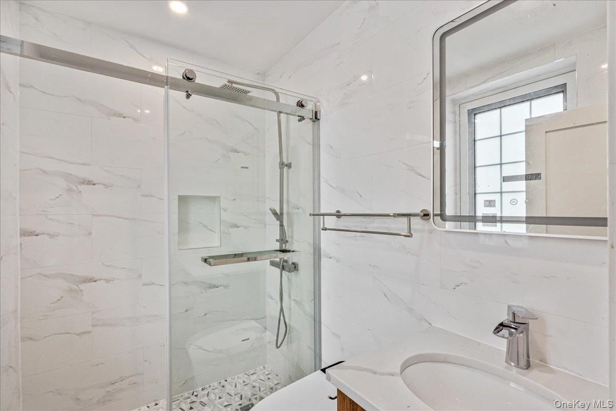 Bathroom, Glass Shower, Interior, Marble Walls, Recessed Lighting