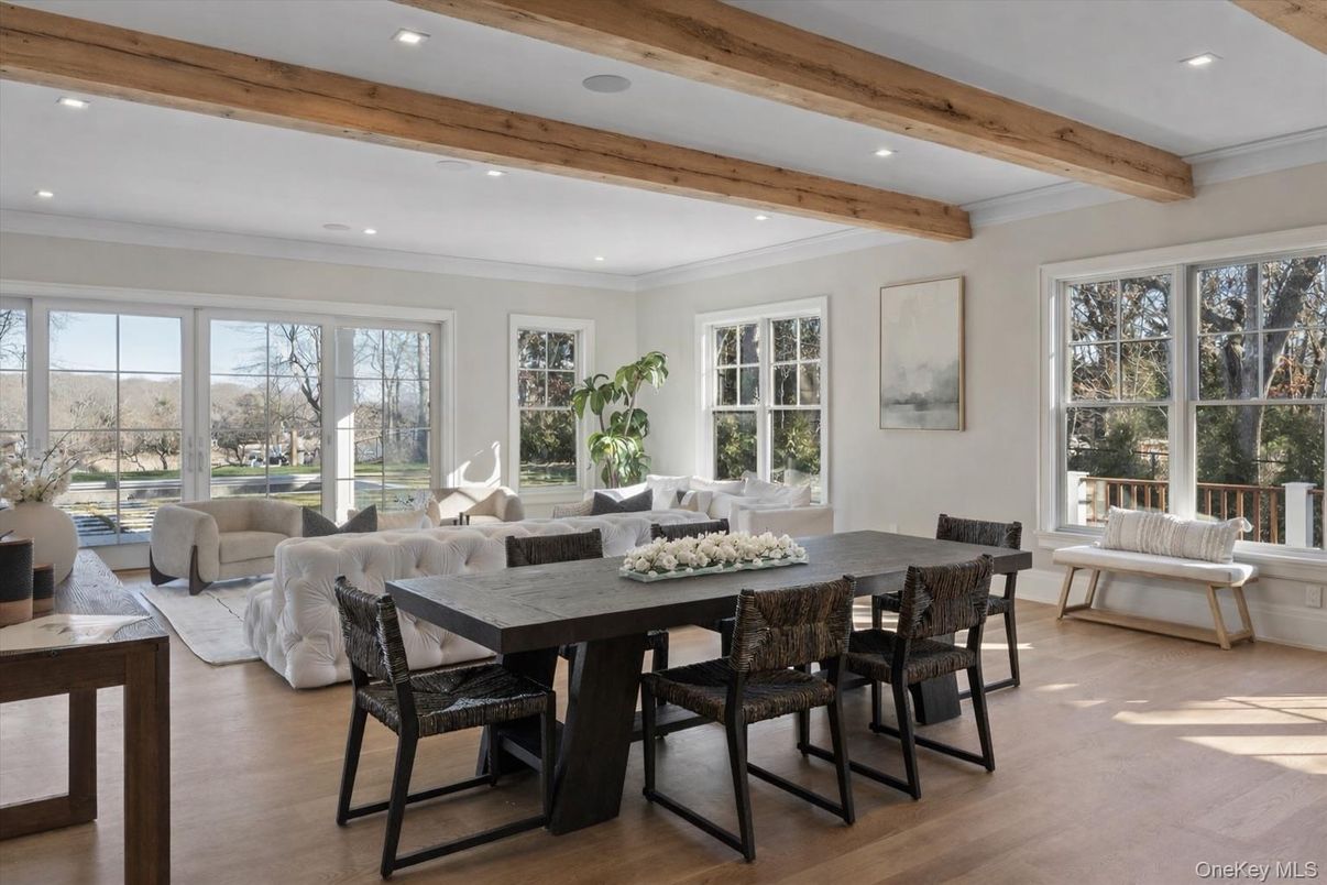 Dining room, Interior, Living room, Recessed Lighting, Wooden Beams, Wood Texture Flooring