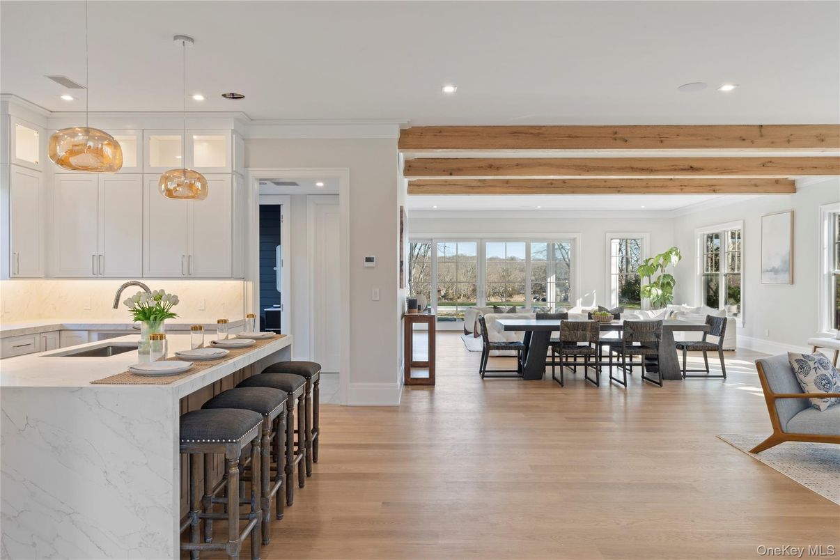 Dining room, Interior, Kitchen, Pendant Lights, Recessed Lighting, Wooden Beams, Wood Texture Flooring
