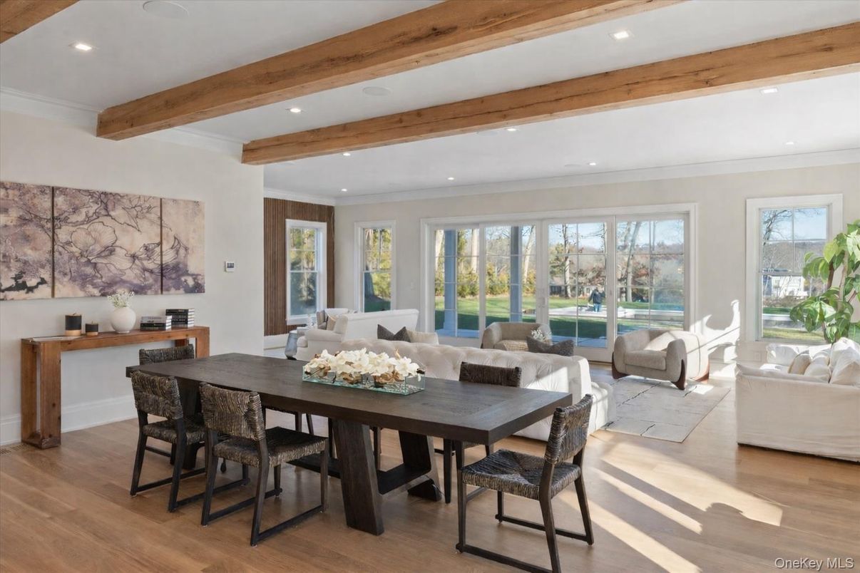 Dining room, Interior, Living room, Recessed Lighting, Wooden Beams, Wood Texture Flooring