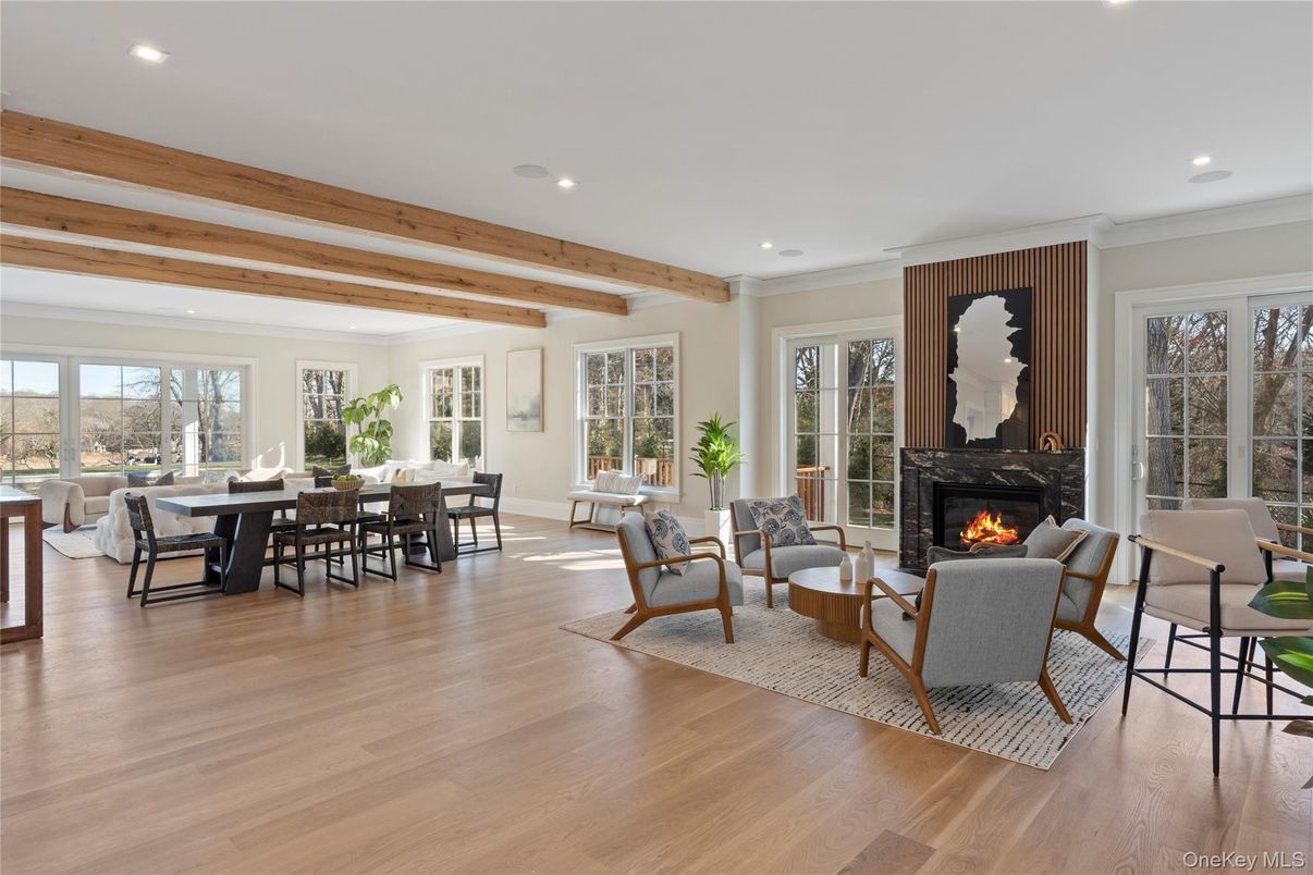 Dining room, Fireplace, Interior, Living room, Recessed Lighting, Wooden Beams, Wood Texture Flooring
