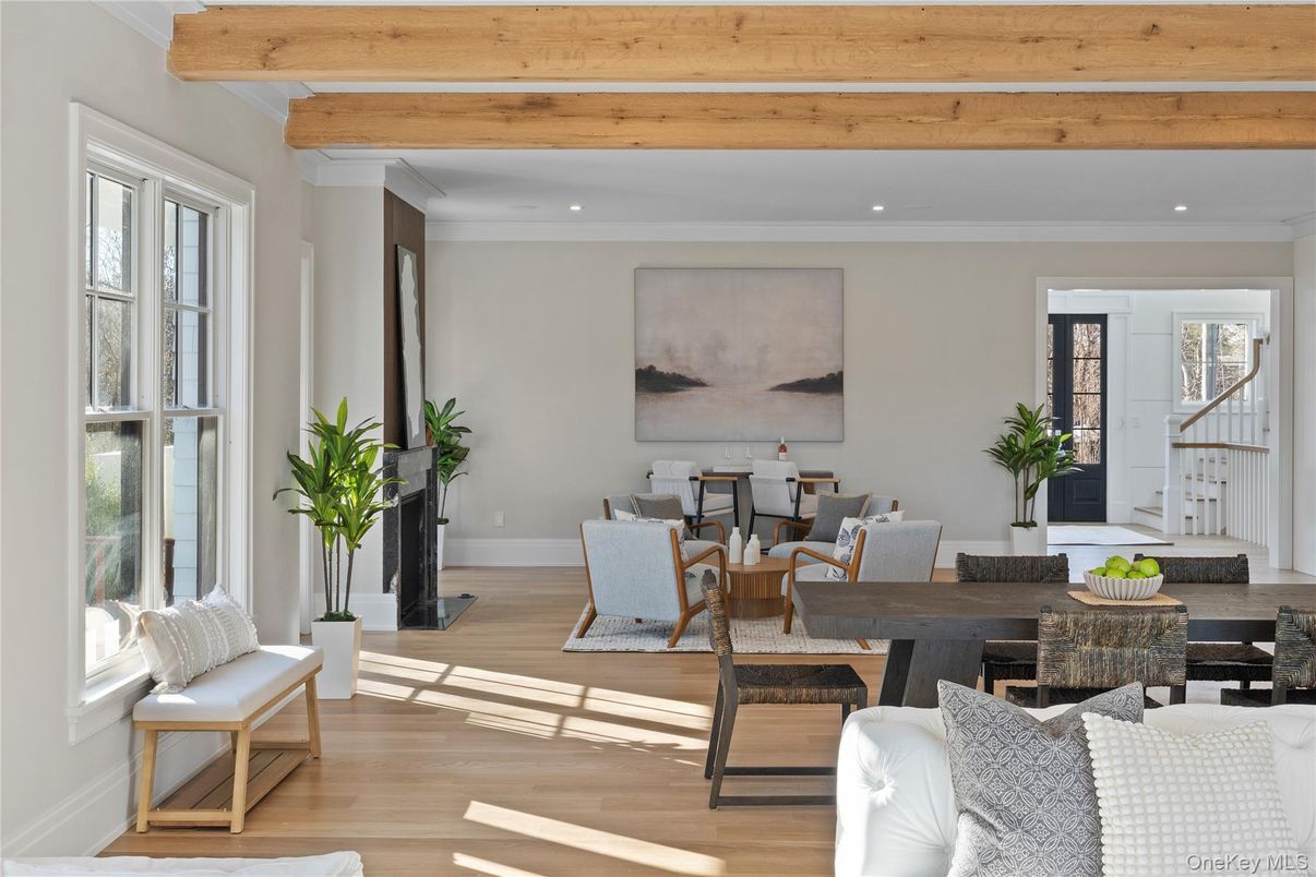 Dining room, Interior, Living room, Recessed Lighting, Wooden Beams, Wood Texture Flooring