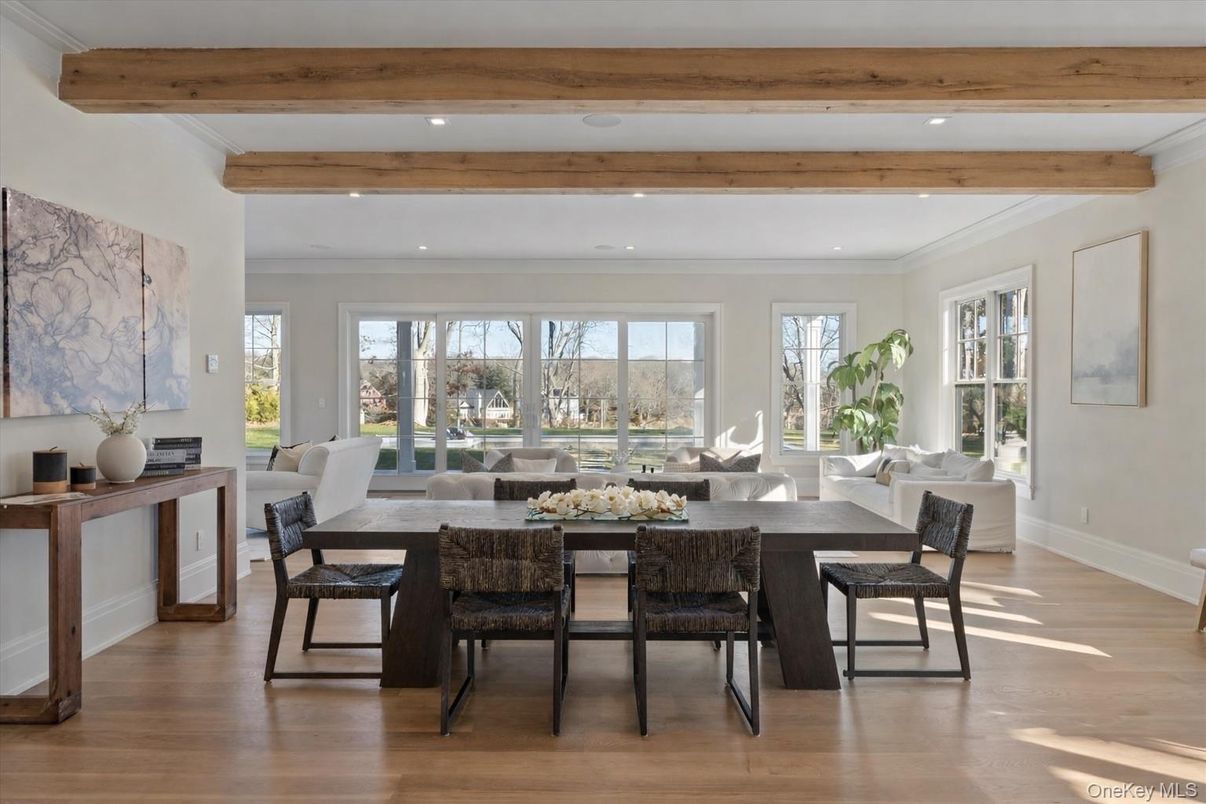 Dining room, Interior, Living room, Recessed Lighting, Wooden Beams, Wood Texture Flooring