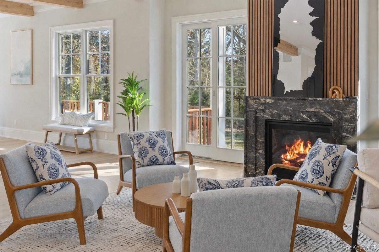 Fireplace, Interior, Living room, Recessed Lighting, Wooden Beams, Wood Texture Flooring