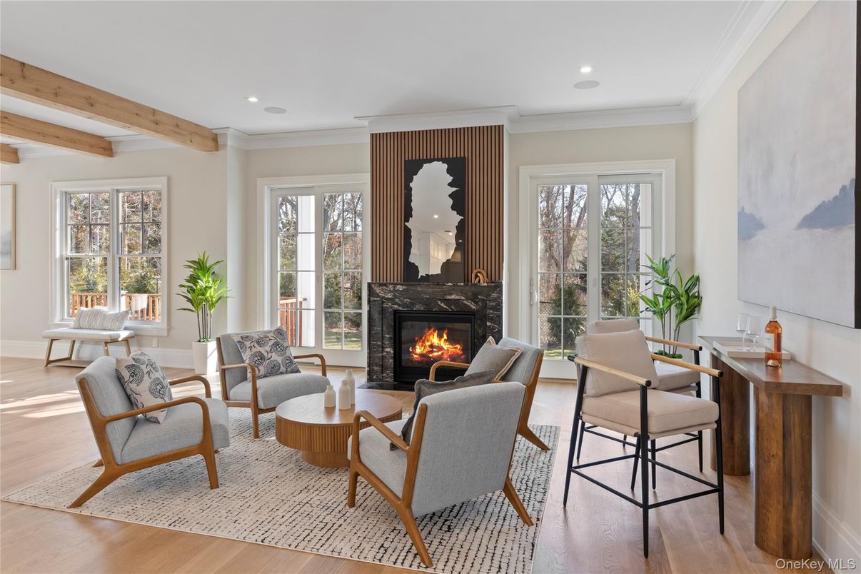 Fireplace, Interior, Living room, Recessed Lighting, Wooden Beams, Wood Texture Flooring