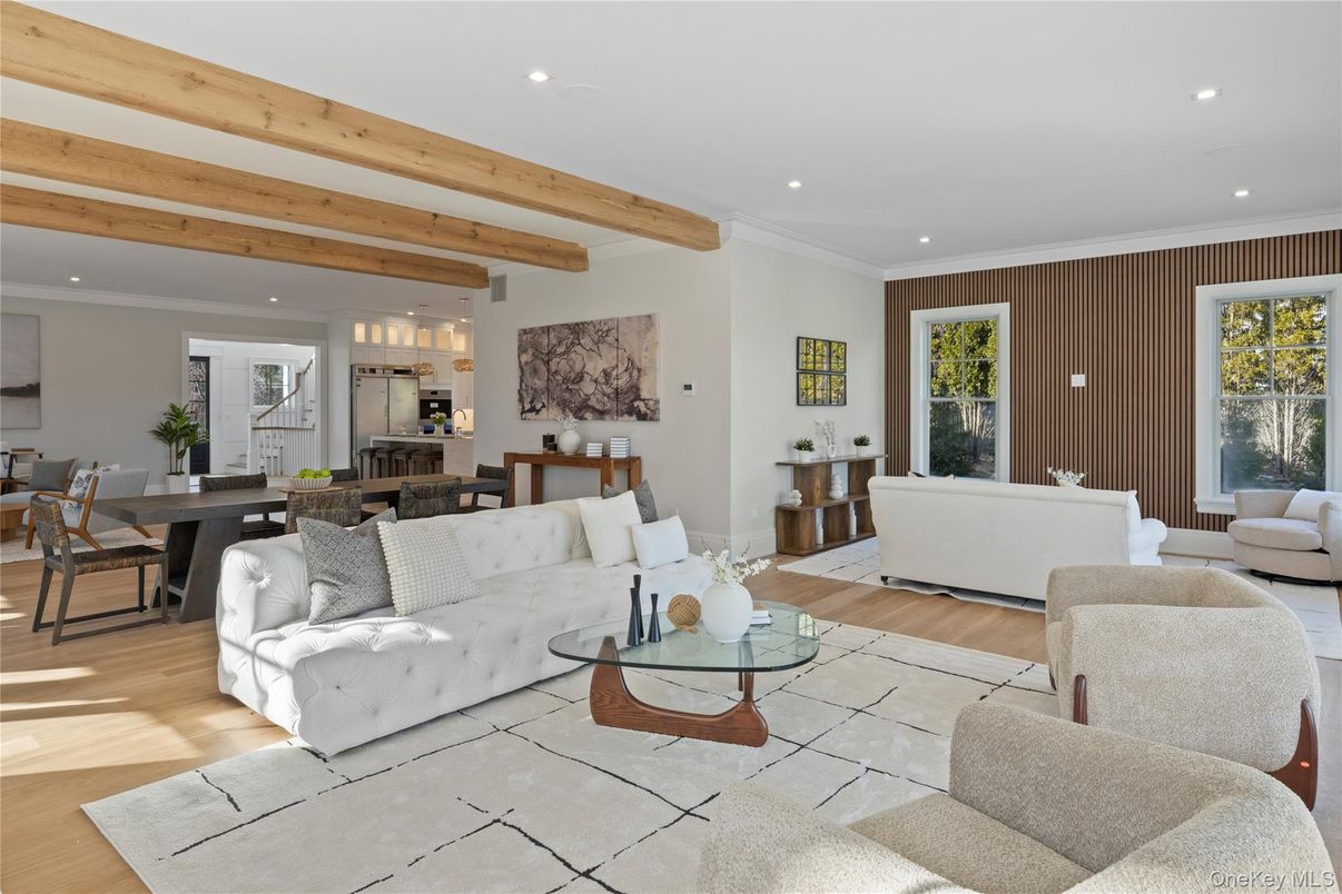 Dining room, Interior, Living room, Pendant Lights, Recessed Lighting, Wooden Beams, Wood Texture Flooring