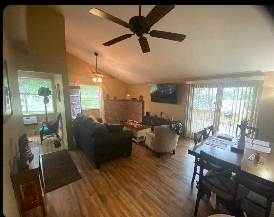 Dining room, Fireplace, Interior, Living room, Wood Texture Flooring