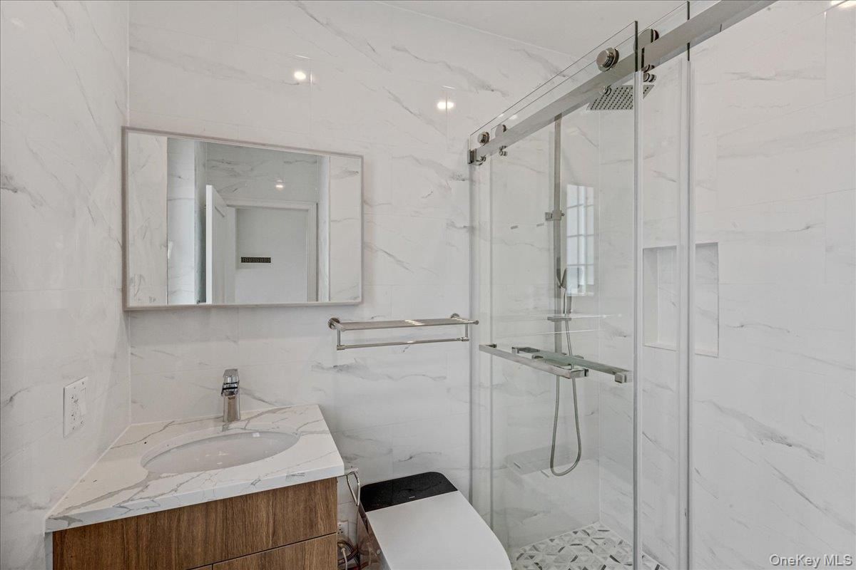 Bathroom, Glass Shower, Interior, Marble Walls, Recessed Lighting