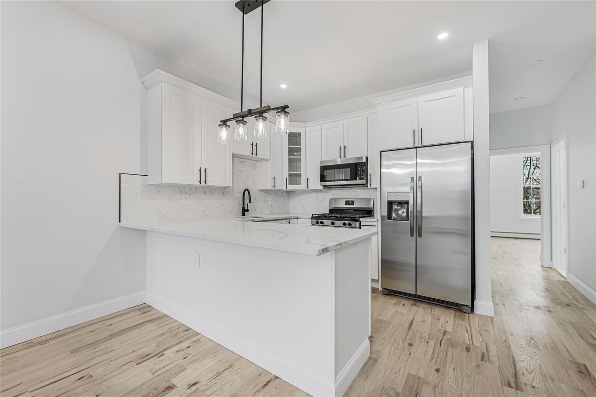 Interior, Kitchen, Pendant Lights, Recessed Lighting, Stainless Steel Appliances, Wood Texture Flooring