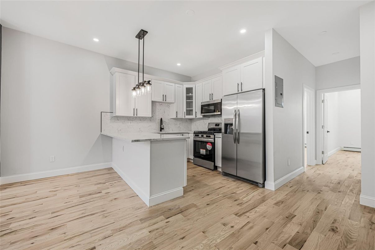 Interior, Kitchen, Pendant Lights, Recessed Lighting, Stainless Steel Appliances, Wood Texture Flooring
