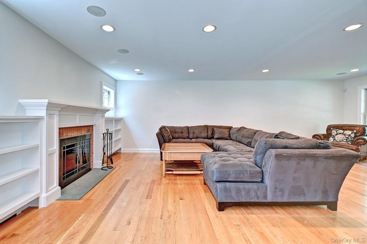 Fireplace, Interior, Living room, Recessed Lighting, Wood Texture Flooring