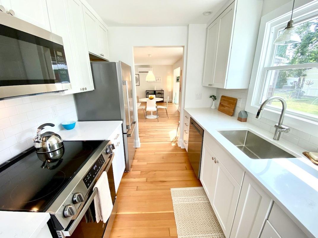 Interior, Kitchen, Pendant Lights, Stainless Steel Appliances, Wood Texture Flooring