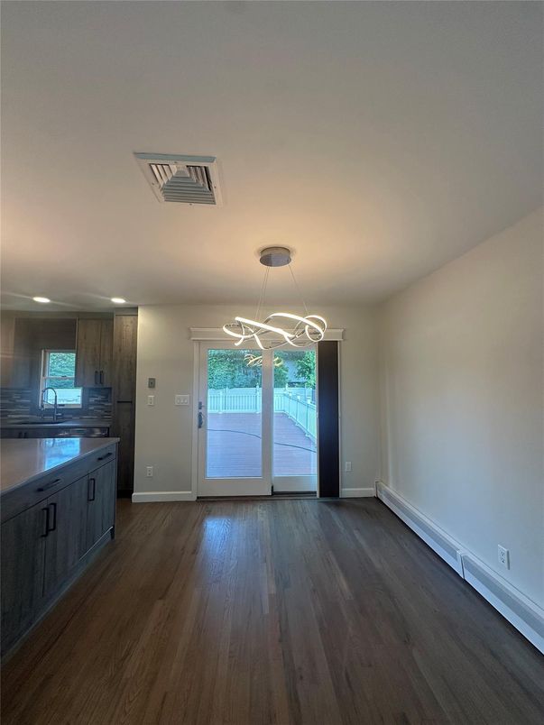 Empty room, Interior, Kitchen, Pendant Lights, Recessed Lighting, Wood Texture Flooring