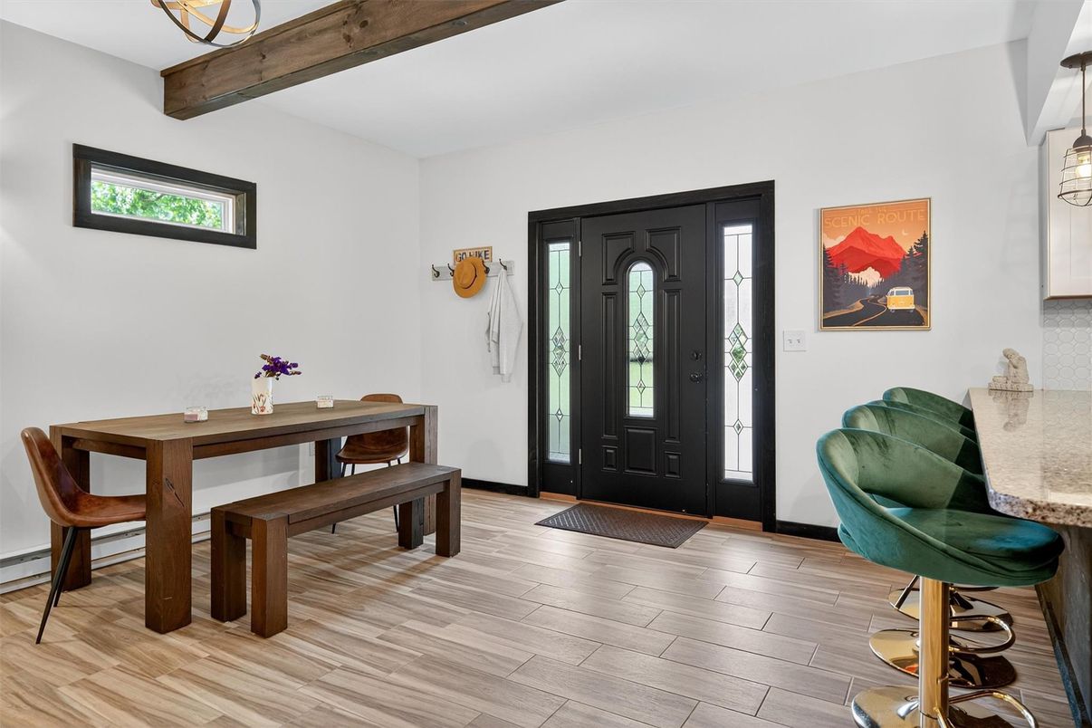 Dining room, Interior, Pendant Lights, Wooden Beams, Wood Texture Flooring