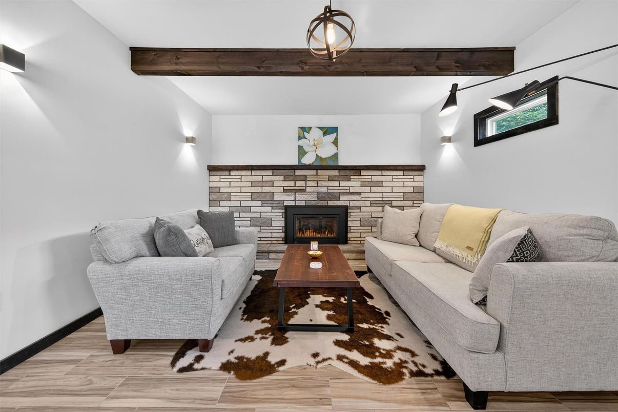 Fireplace, Interior, Living room, Stone Walls, Wooden Beams, Wood Texture Flooring