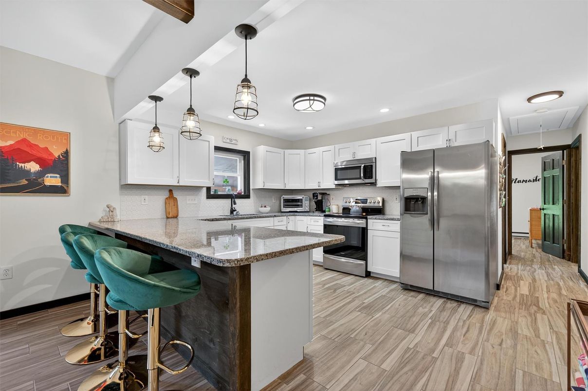Interior, Kitchen, Pendant Lights, Recessed Lighting, Stainless Steel Appliances, Wood Texture Flooring